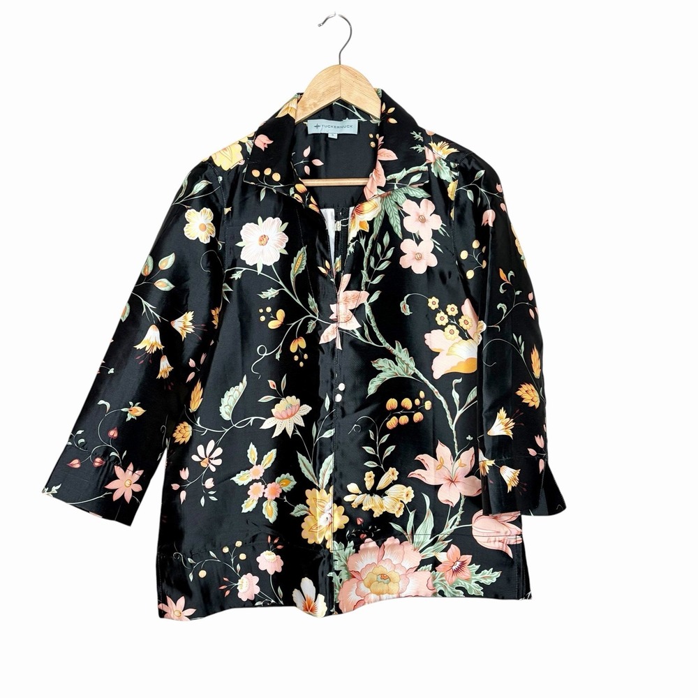 Tuckernuck Margot Top Black Floral Print Womens Small Oversized Satin Career